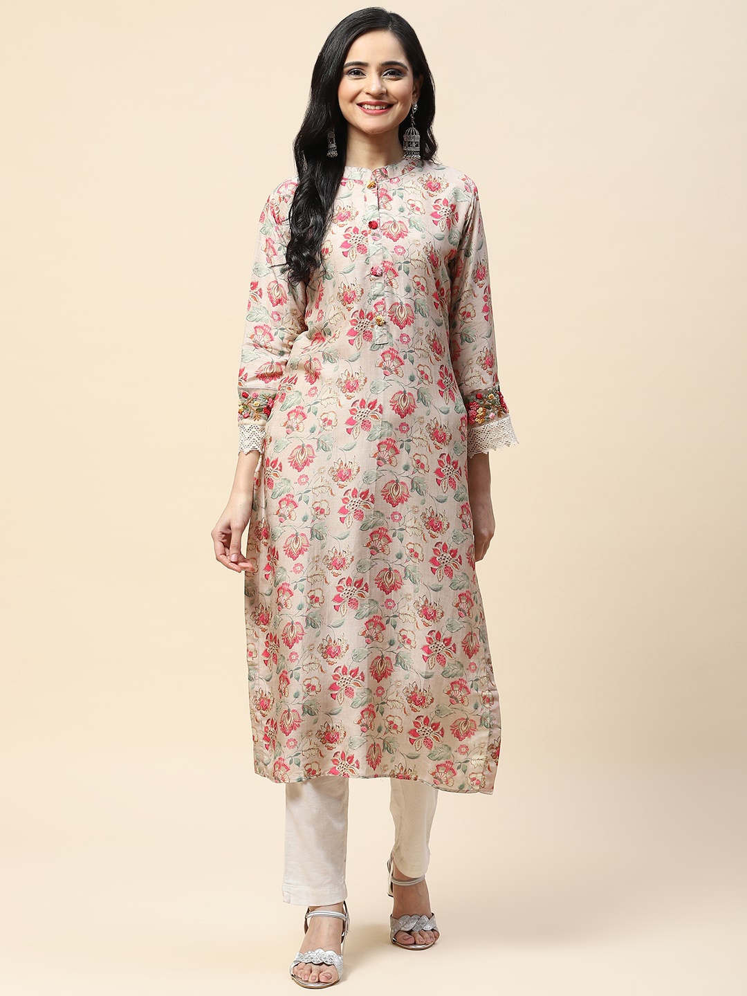 

Meena Bazaar Women Floral Printed Thread Work Cotton Kurta, Beige