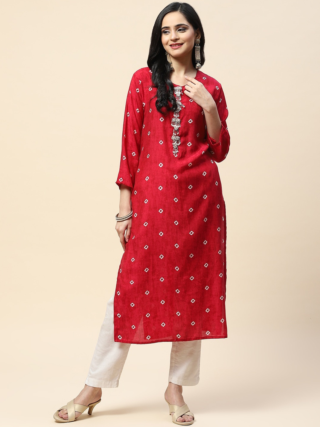 

Meena Bazaar Women Geometric Striped Flared Sleeves Thread Work Kurta, Pink