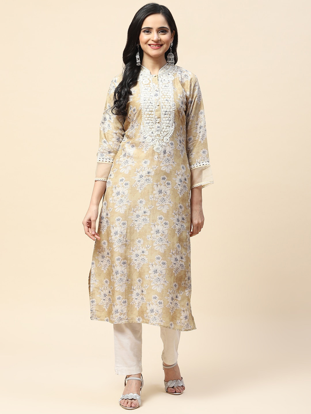 

Meena Bazaar Women Floral Printed Thread Work Kurta, Beige