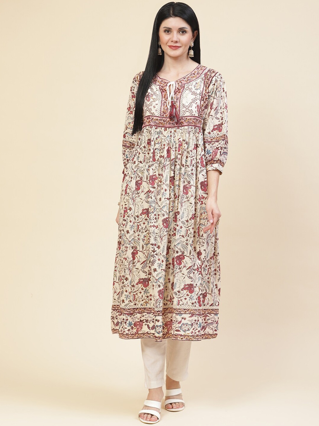 

Meena Bazaar Women Floral Printed Keyhole Neck Cotton Anarkali Kurta, Cream