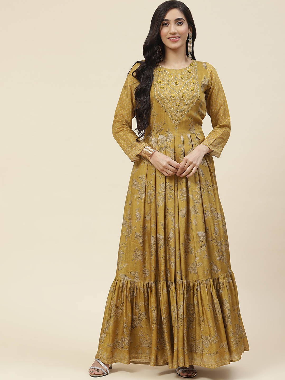 

Meena Bazaar Women Floral Printed Thread Work Anarkali Kurta, Mustard