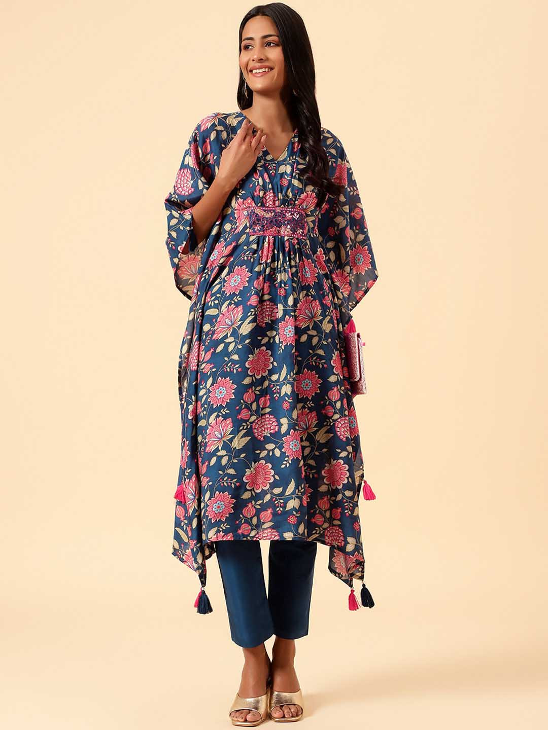 

Meena Bazaar Women Floral Printed Extended Sleeves Mirror Work Kaftan Kurta, Blue