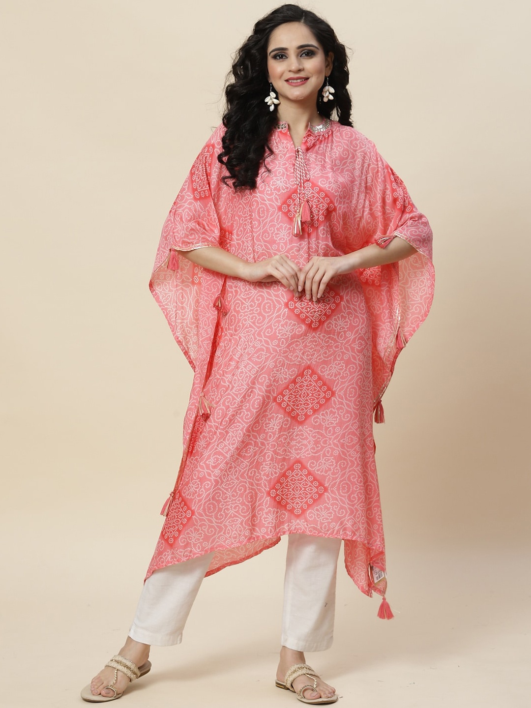 

Meena Bazaar Women Bandhani Printed Extended Sleeves Pastels Kaftan Kurta, Pink