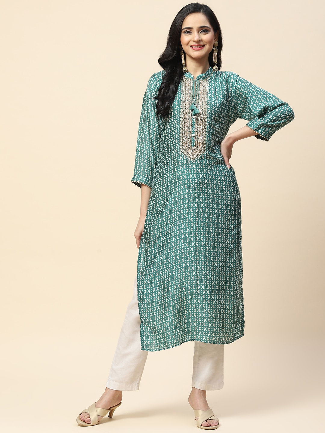 

Meena Bazaar Women Geometric Printed Gotta Patti Kurta, Teal