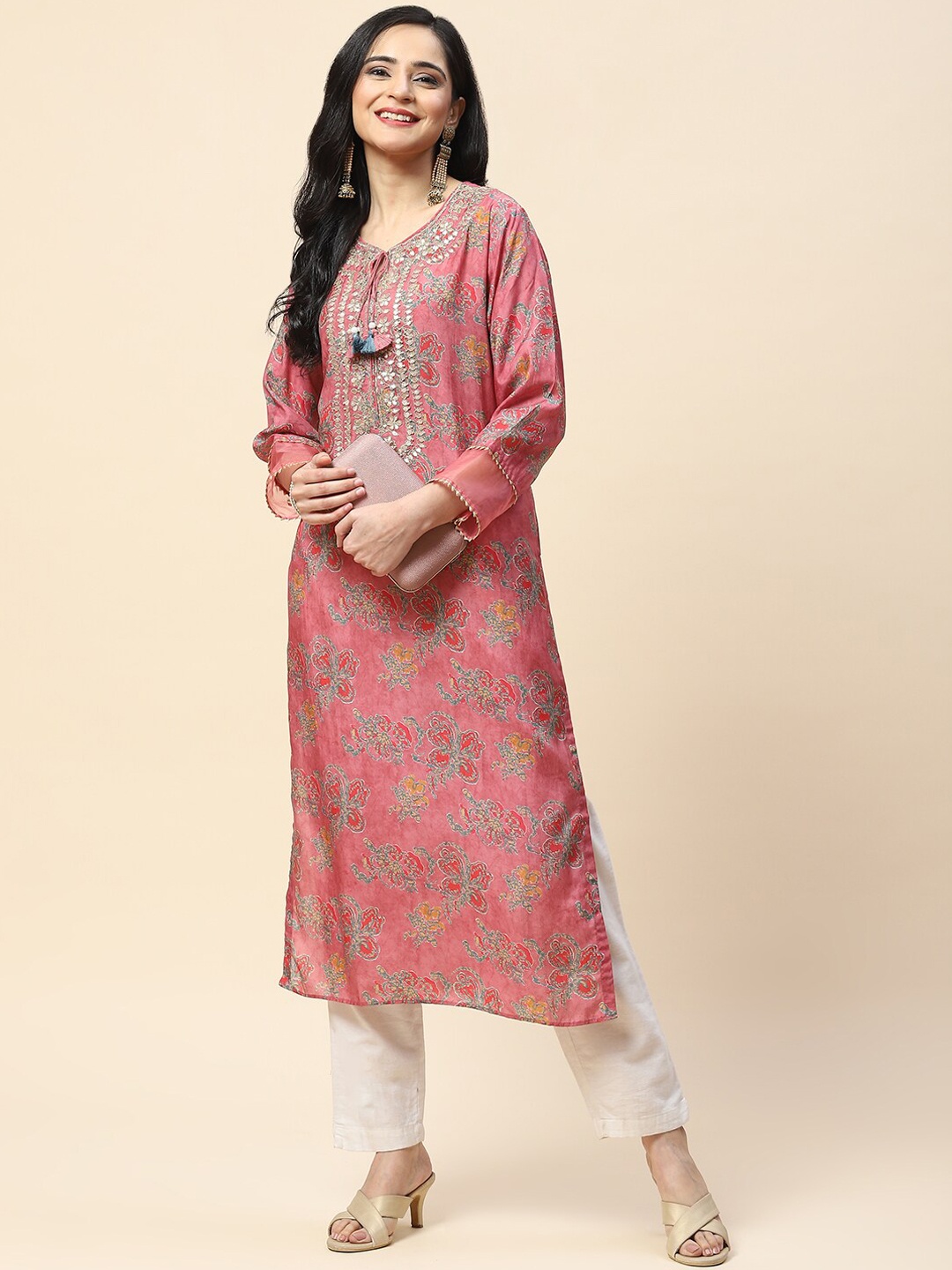 

Meena Bazaar Floral Keyhole Neck Mirror Work Floral Kurta, Peach