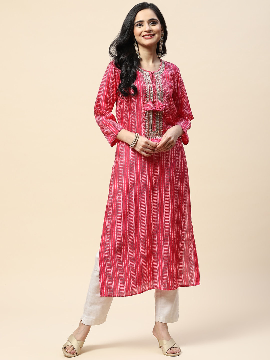 

Meena Bazaar Striped Keyhole Neck Kurta, Pink