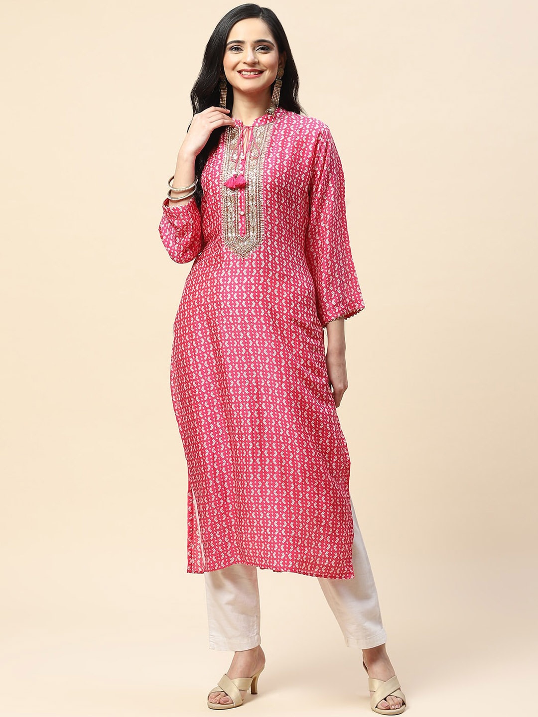 

Meena Bazaar Geometric Printed Keyhole Neck Kurta, Pink