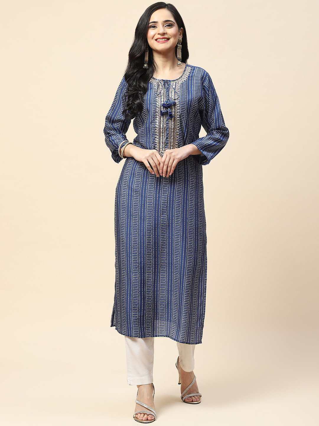 

Meena Bazaar Women Striped Yoke Embroidered Kurta, Blue