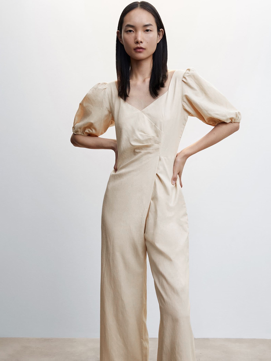 

MANGO Sustainable Puff Sleeves Wrap Jumpsuit, Beige