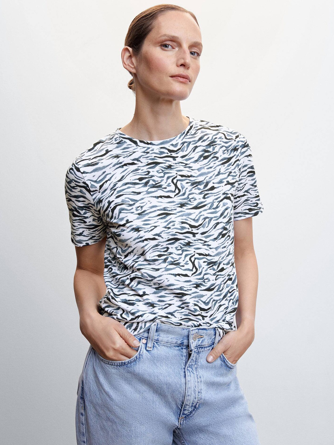 

MANGO Animal Print Pure Cotton T-shirt, White