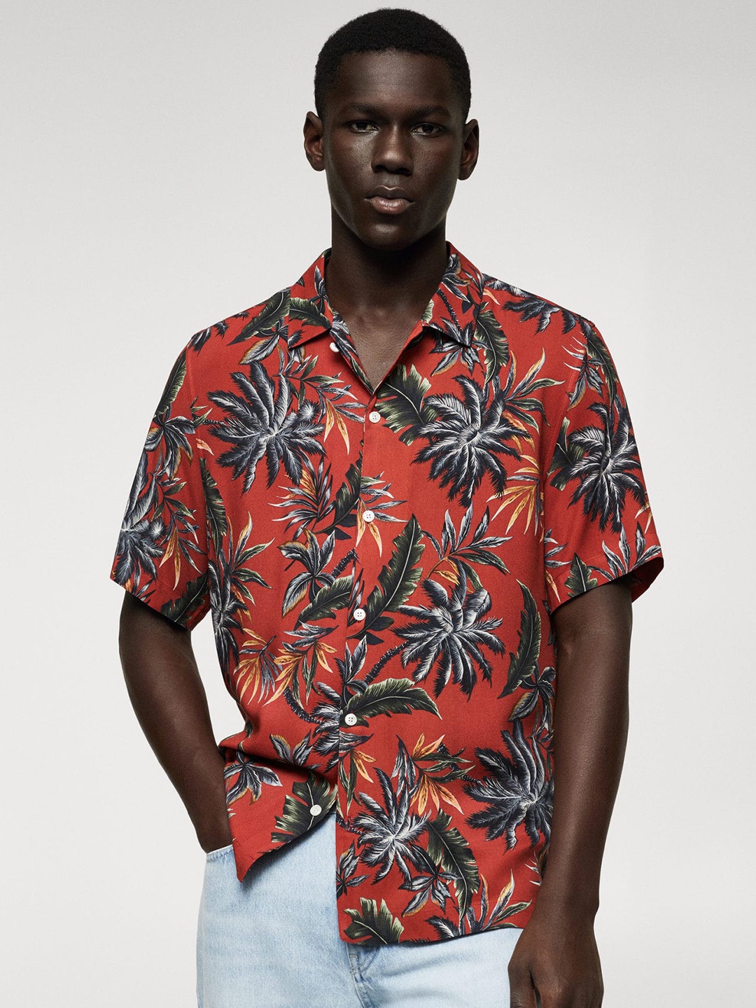 

MANGO MAN Floral Printed Flowy Sustainable Casual Shirt, Rust