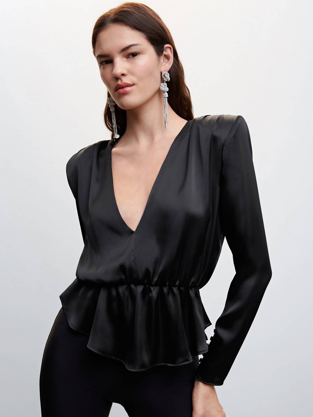

MANGO Satin Finish V-Neck Top, Black