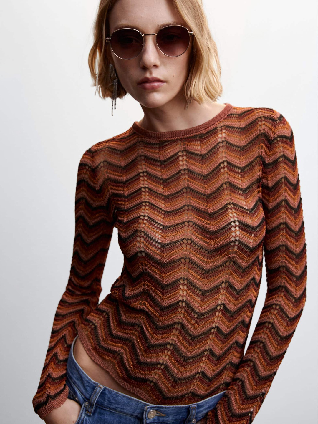 

MANGO Open Knit Chevron Pullover, Rust