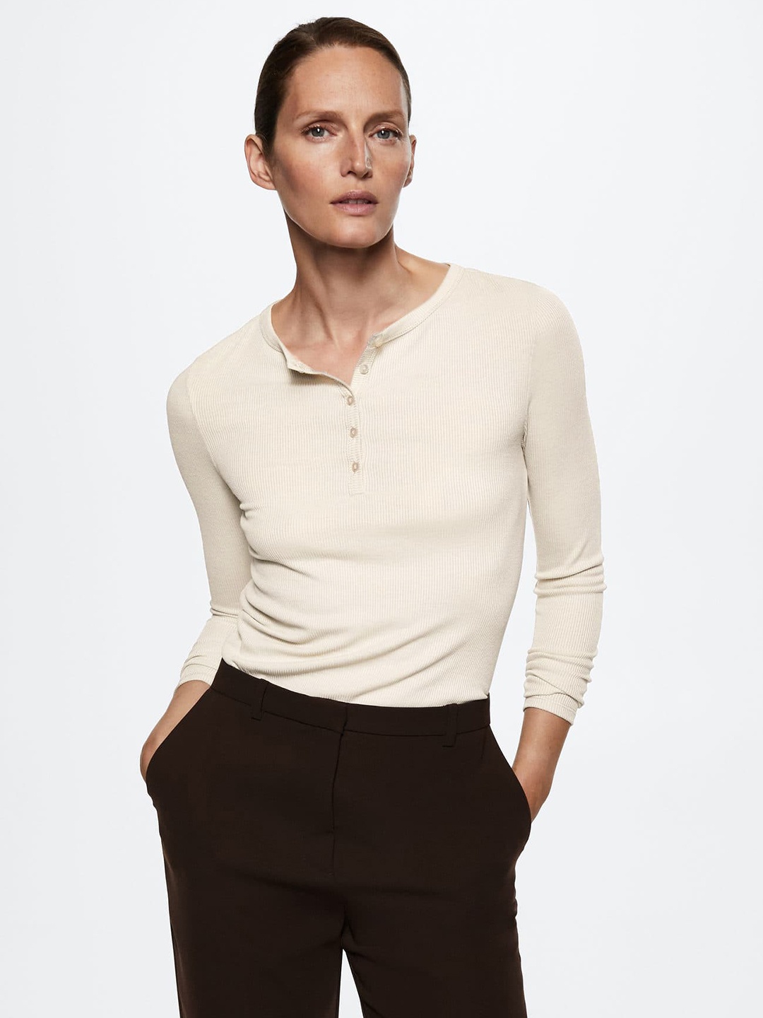 

MANGO Women Ribbed Henley Neck T-shirt, Beige