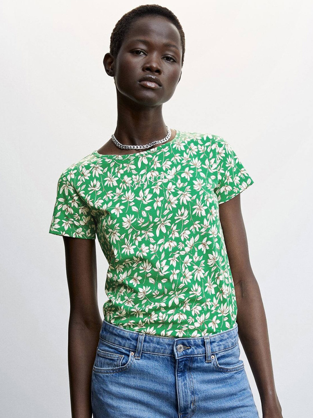 

MANGO Floral Printed Pure Cotton T-shirt, Green