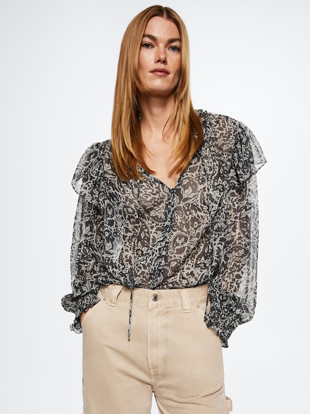 

MANGO Ruffles Detail Scarf Print Top, Black