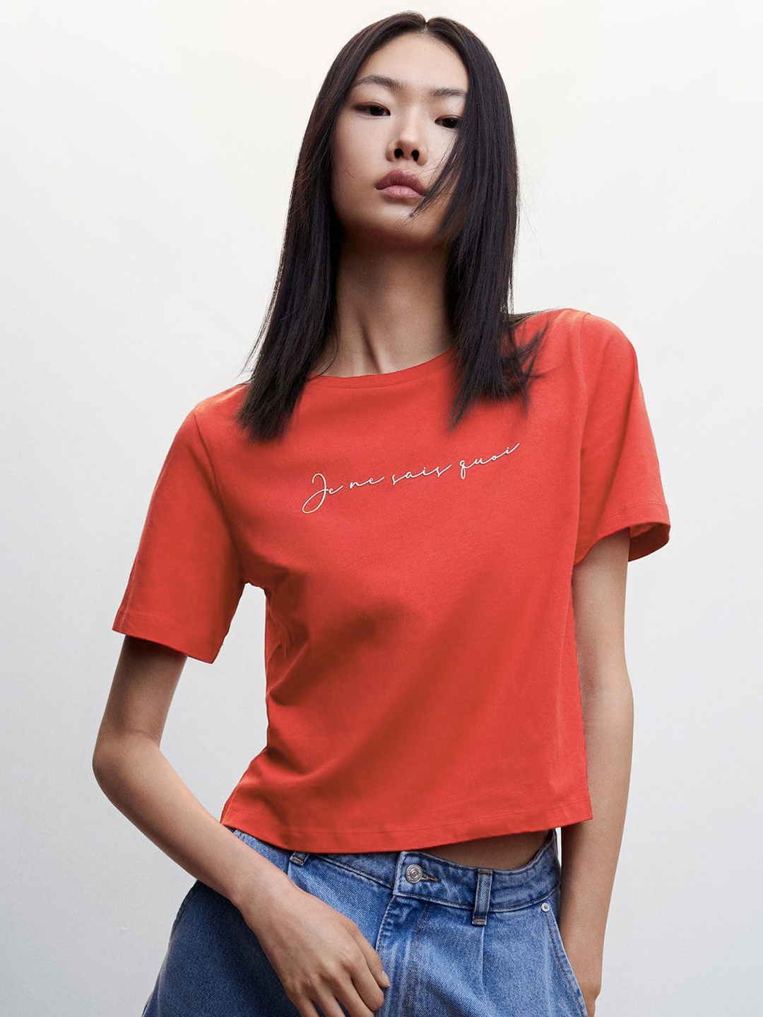 

MANGO Typography Detailed Round Neck Pure Cotton T-shirt, Red