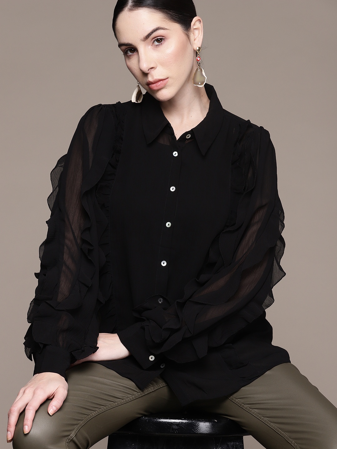 

MANGO Textured Ruffled Shirt Style Top, Black