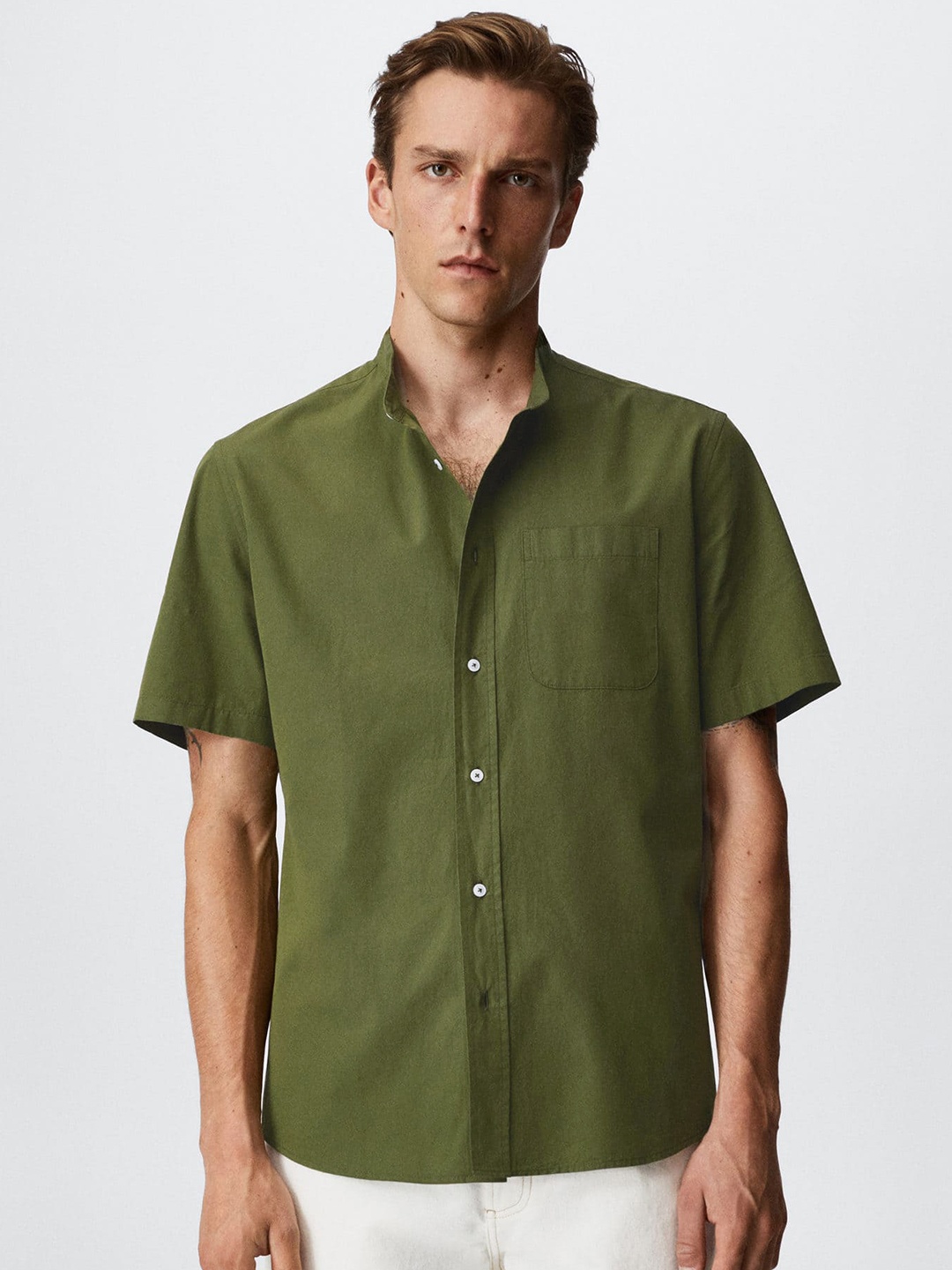 

MANGO MAN Band Collar Pure Cotton Casual Shirt, Olive