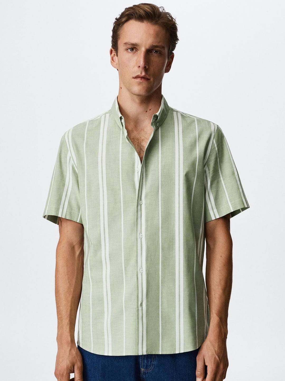 

MANGO MAN Pure Cotton Striped Casual Shirt, Green