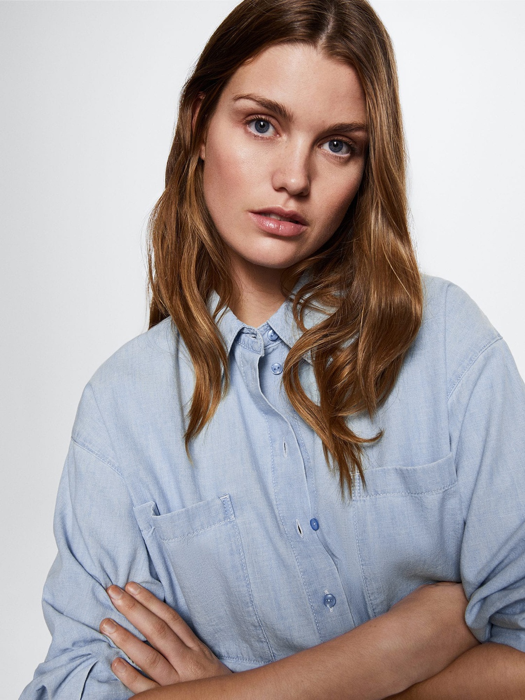 

MANGO Women Pure Cotton Solid Casual Shirt, Blue