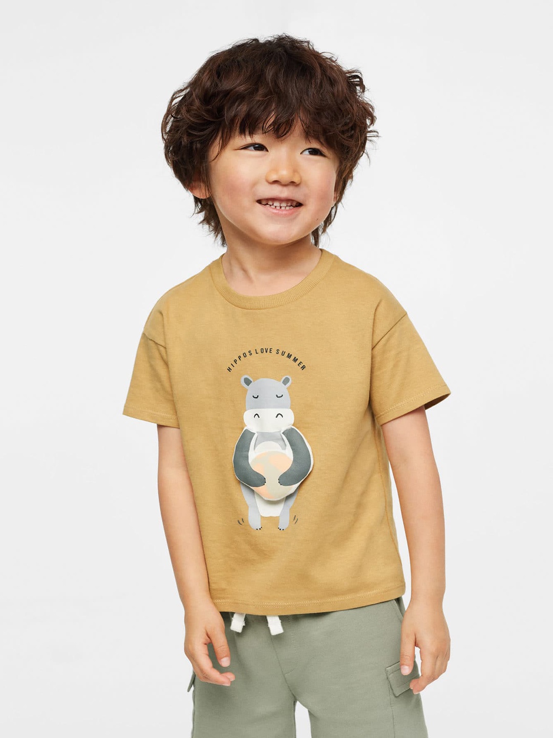 

Mango Kids Boys Graphic Print Padded Detail Pure Cotton Sustainable T-shirt, Mustard