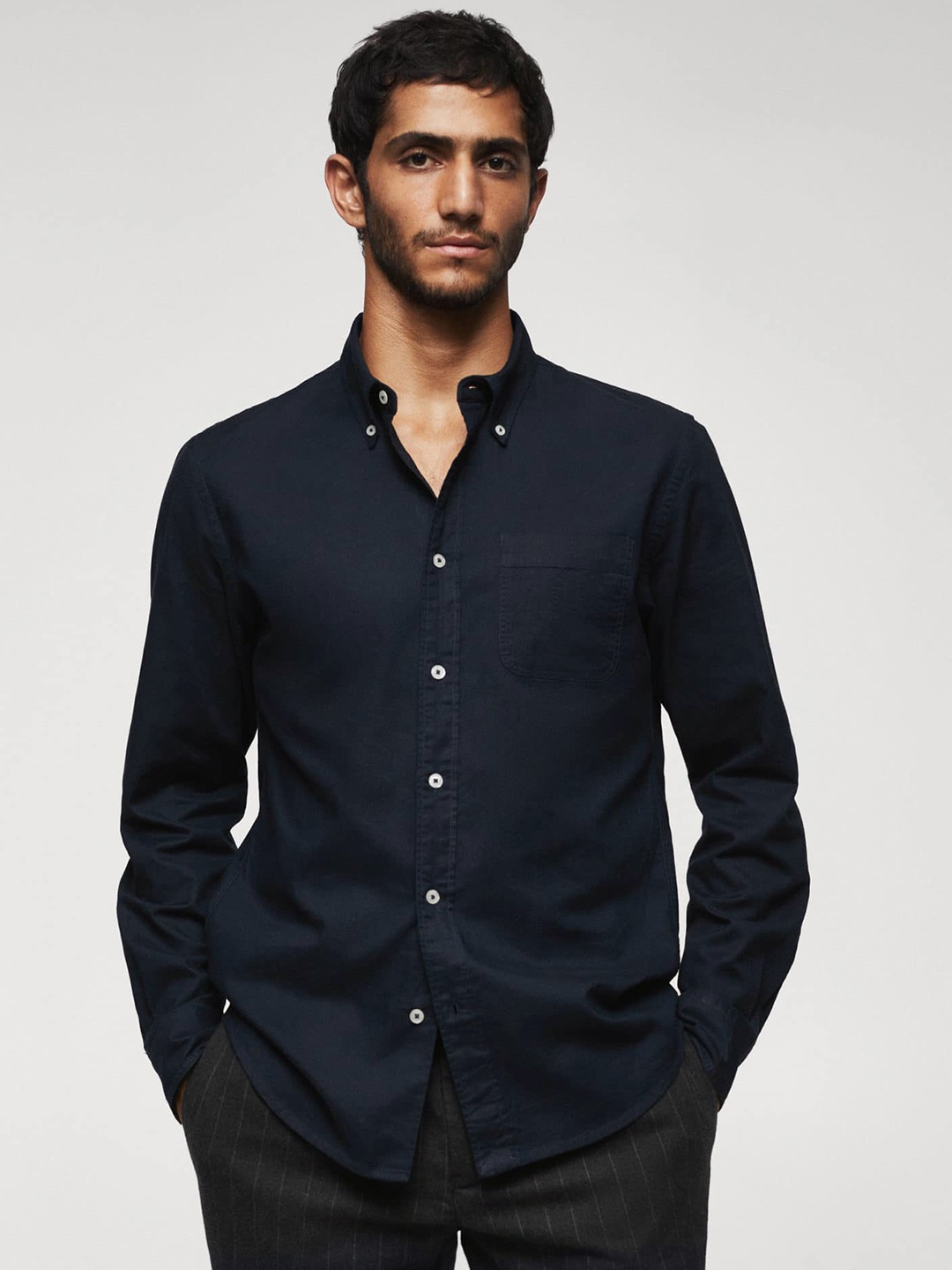 

MANGO MAN Button-Down Collar Oxford Cotton Casual Shirt, Navy blue