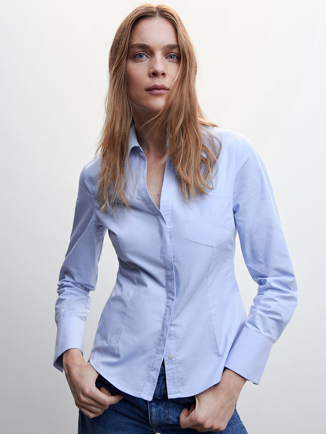 

MANGO Women Pure Cotton Solid Sustainable Casual Shirt, Blue