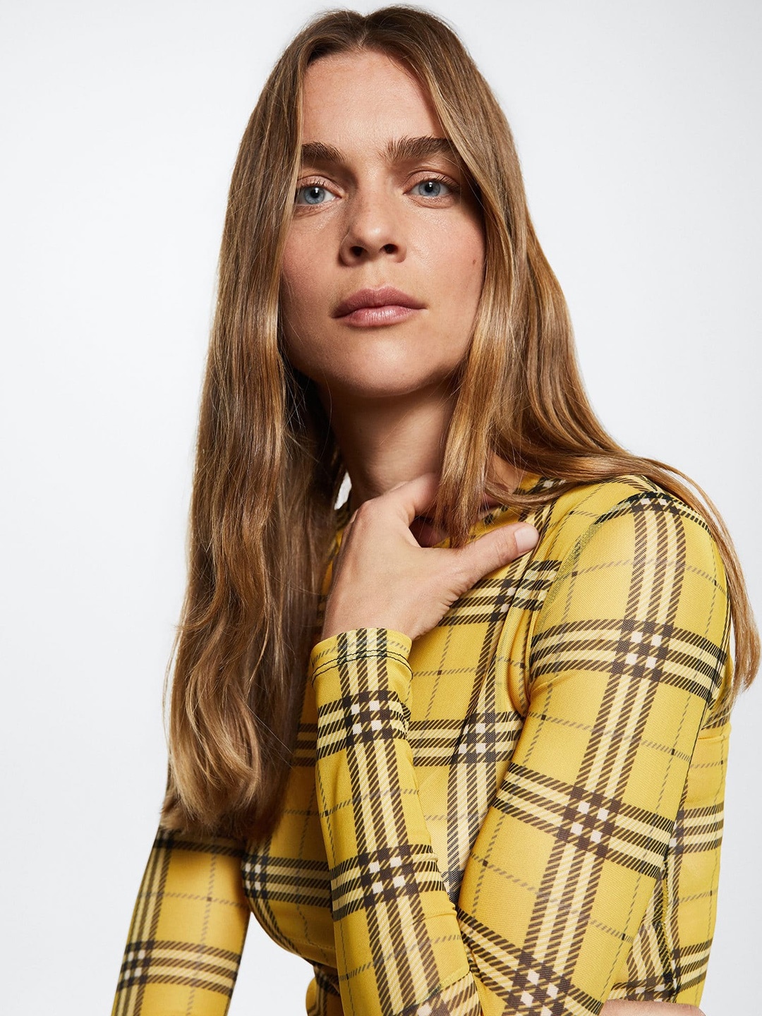 

MANGO Women Checked Sustainable T-shirt, Mustard