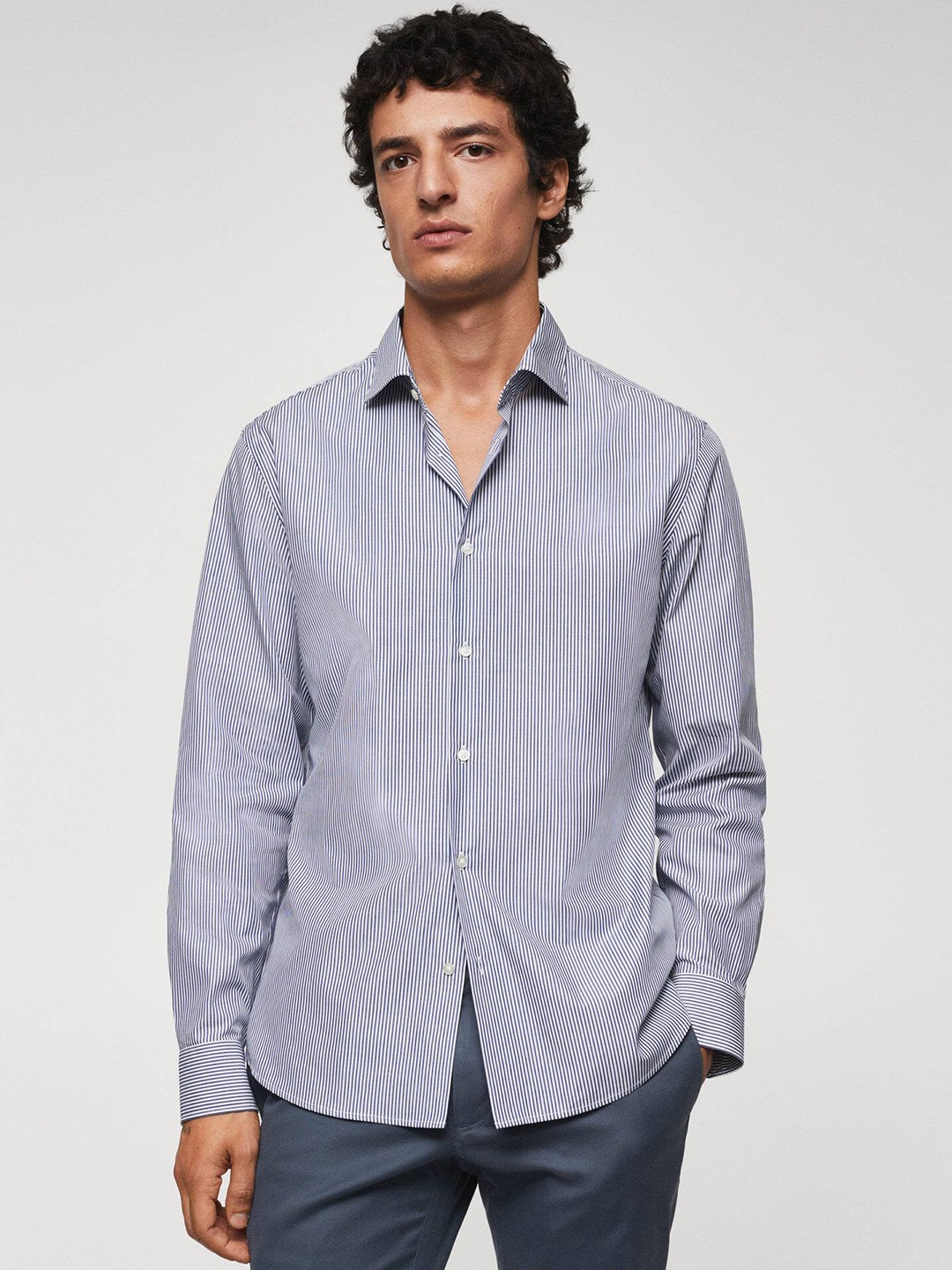 

MANGO MAN Pure Cotton Slim Fit Striped Casual Shirt, White