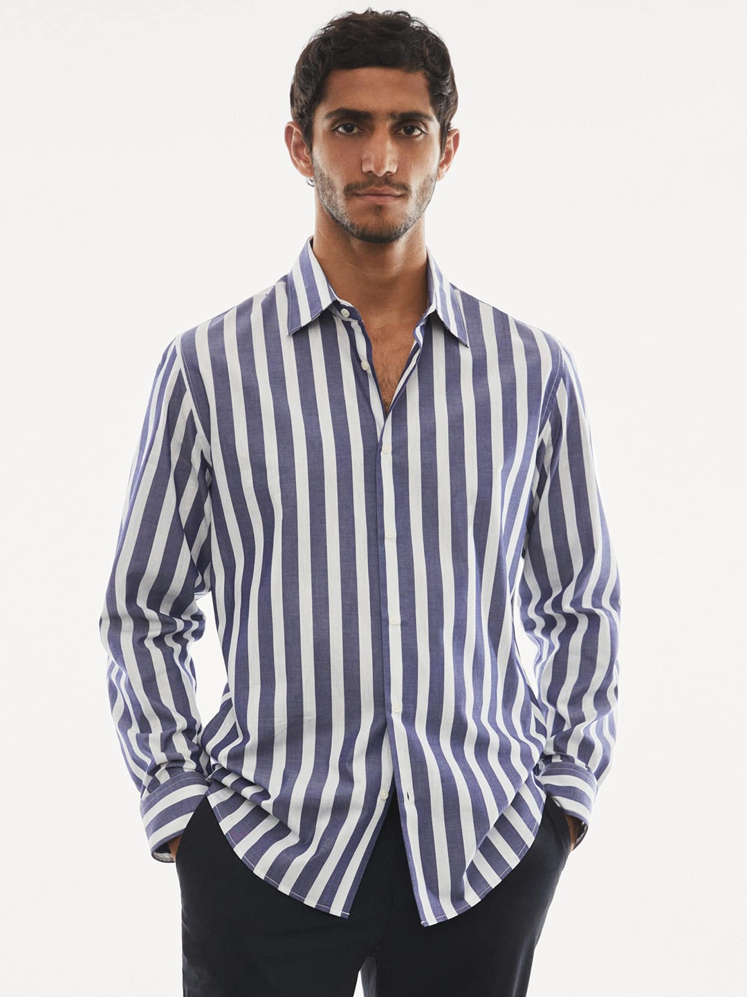 

MANGO MAN Cotton Slim Fit Striped Smart Casual Shirt, Navy blue