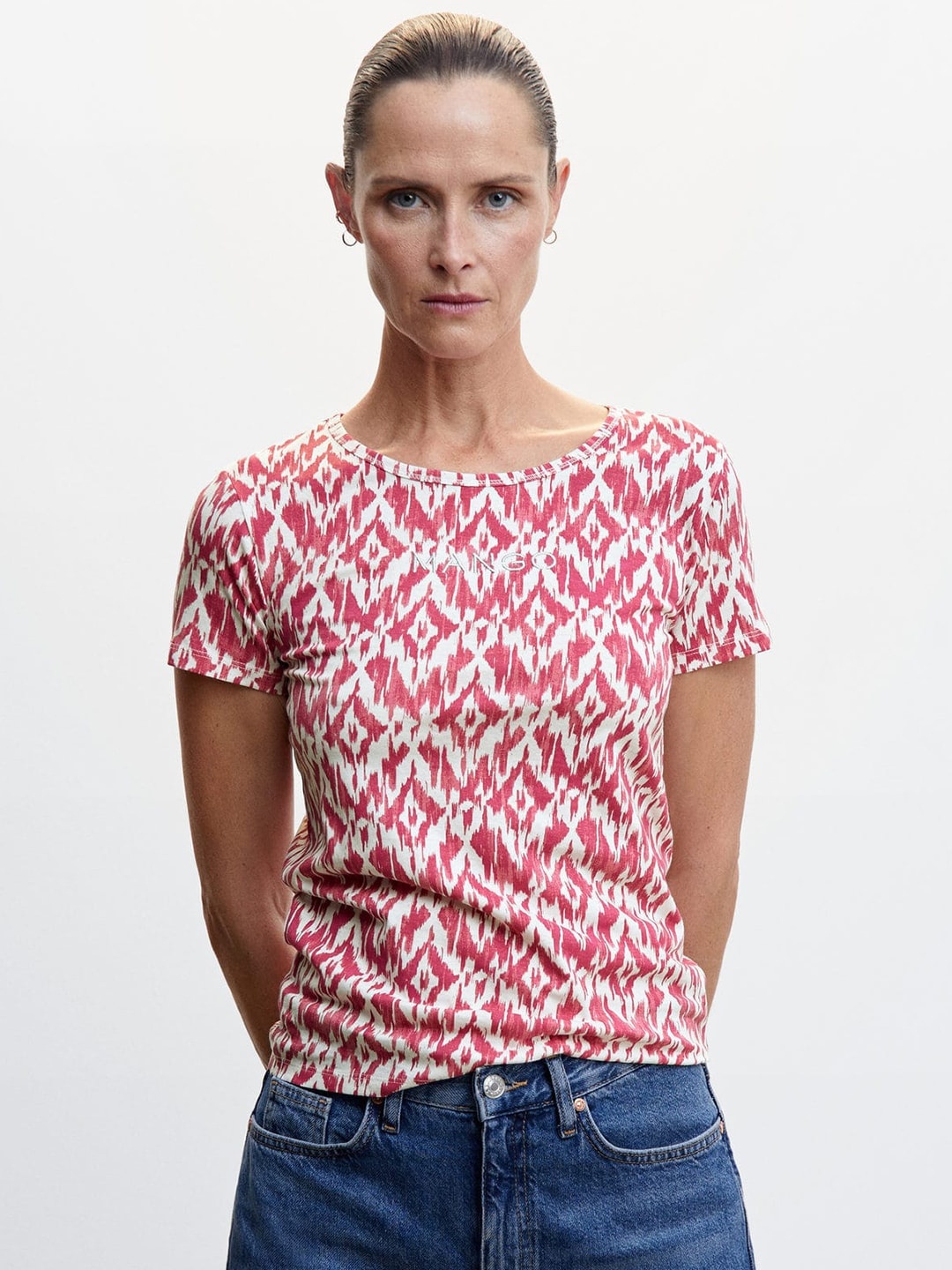 

MANGO Sustainable Abstract Printed Pure Cotton T-shirt, Pink