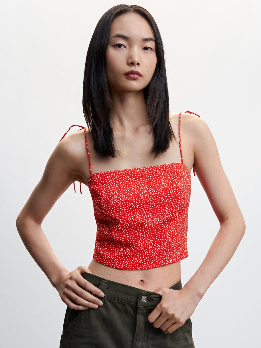 

MANGO Print Smocked Fitted Crop Top, Red