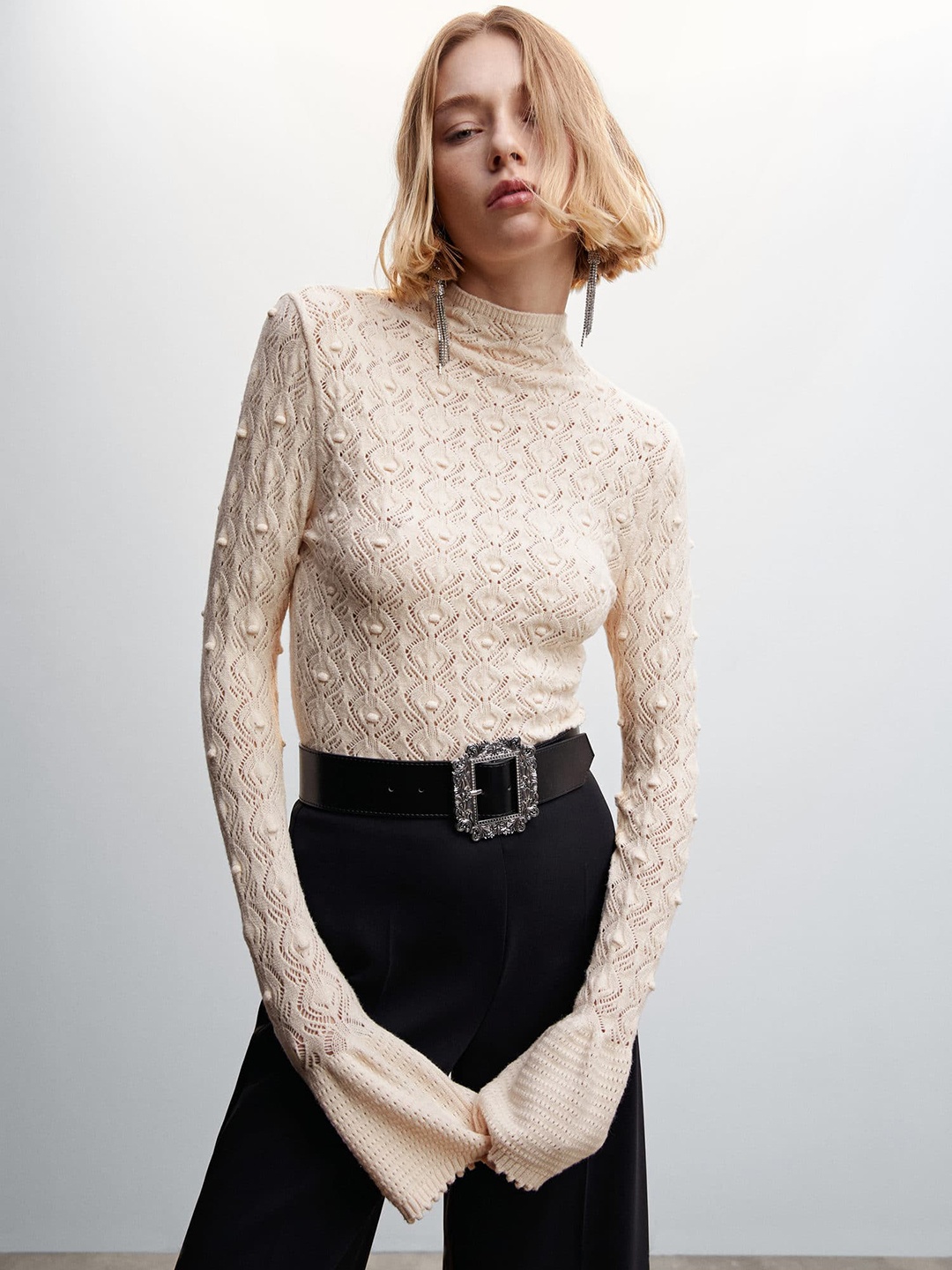 

MANGO Open-Knit Detail Pullover, Beige