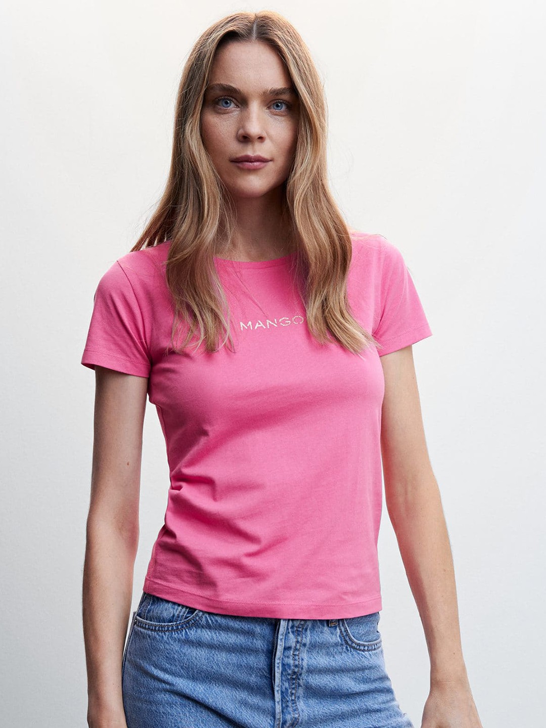 

MANGO Brand Logo Detail Pure Cotton Sustainable T-shirt, Pink