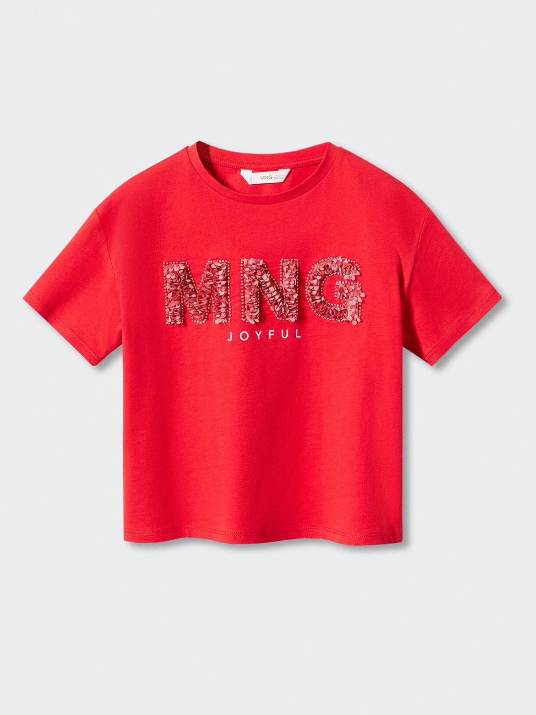 

Mango Kids Girls Brand Logo Textured Cotton Sustainable T-shirt with Embellished Detail, Red
