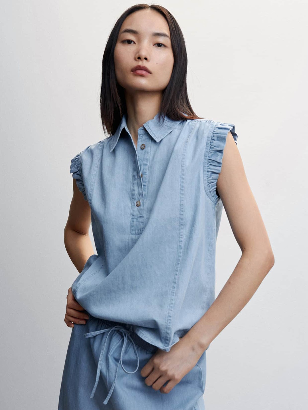 

MANGO Pure Cotton Ruffles Chambray Shirt Style Top, Blue