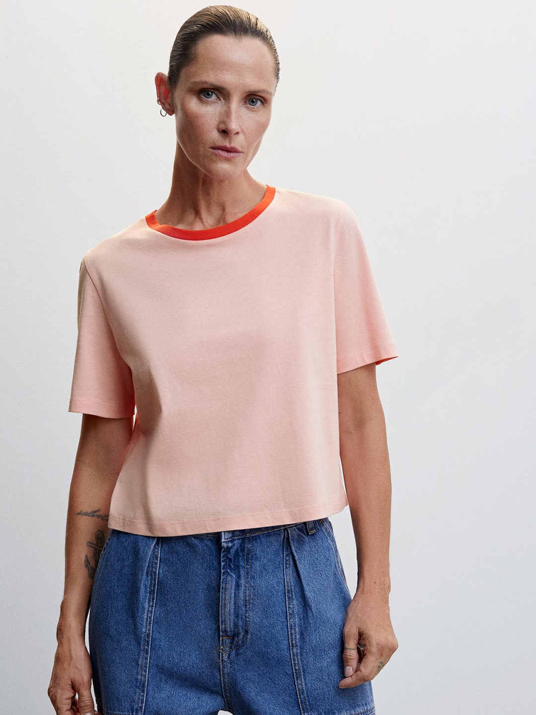 

MANGO Pure Cotton Solid T-shirt, Peach