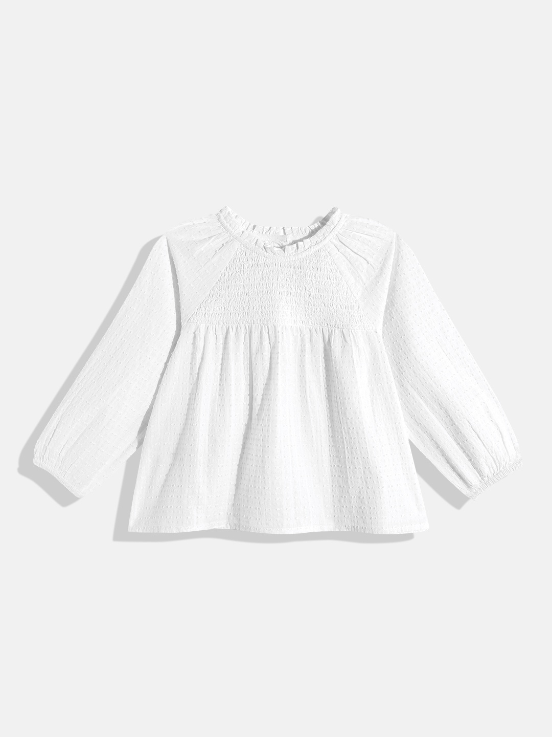 

Mango Kids Girls Dobby Weave Smocked Pure Cotton Sustainable A-line Top, White