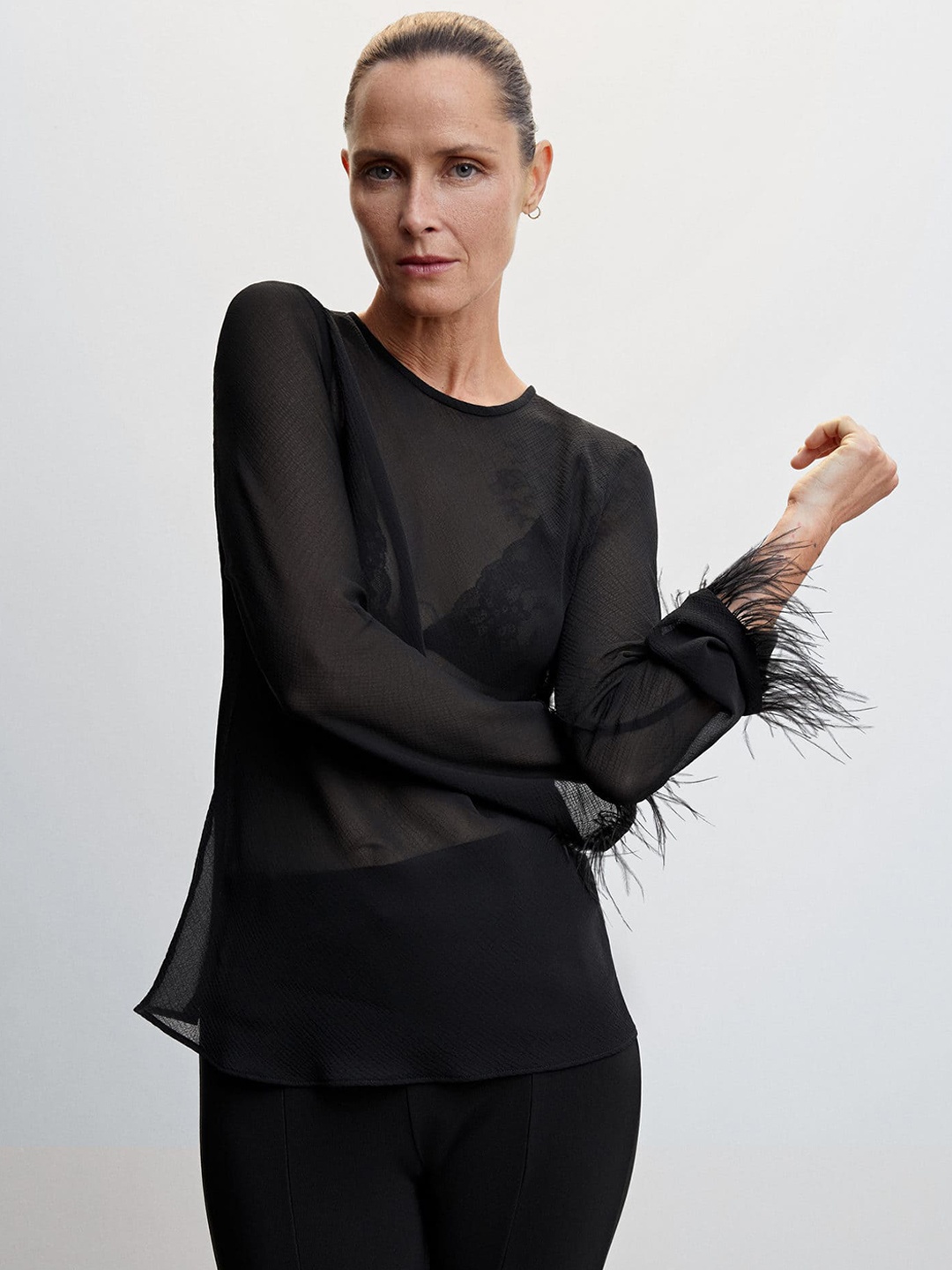 

MANGO Semi Sheer Fringed Top, Black