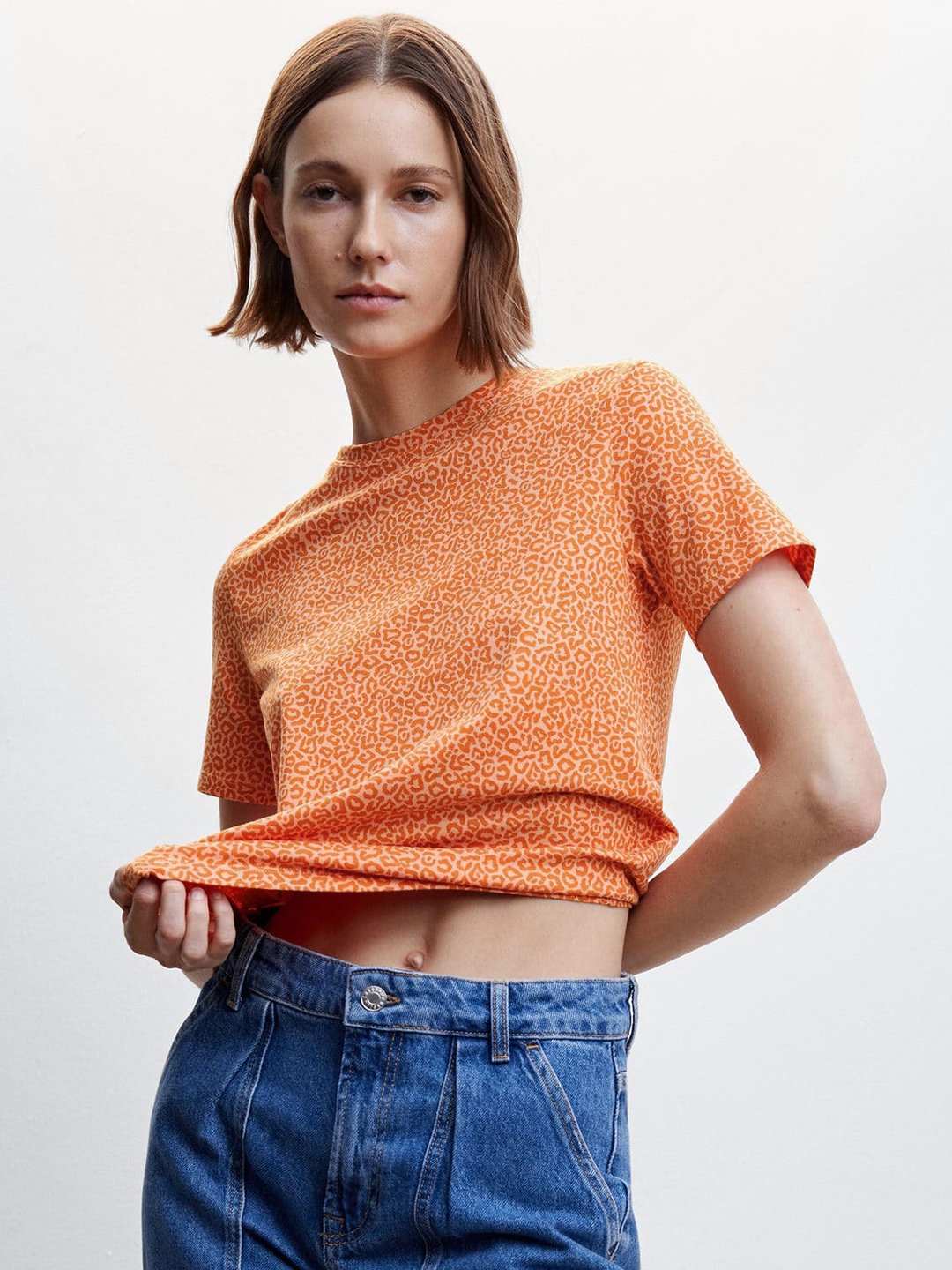 

MANGO Animal Print Pure Cotton T-shirt, Orange