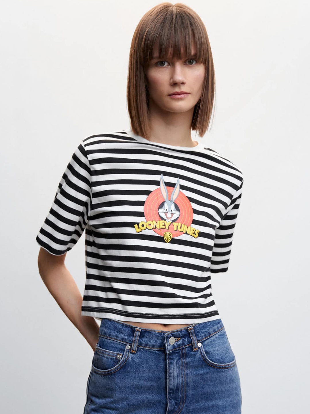 

MANGO Women Bugs Bunny Striped Drop-Shoulder Sleeves Pure Cotton T-shirt, Black