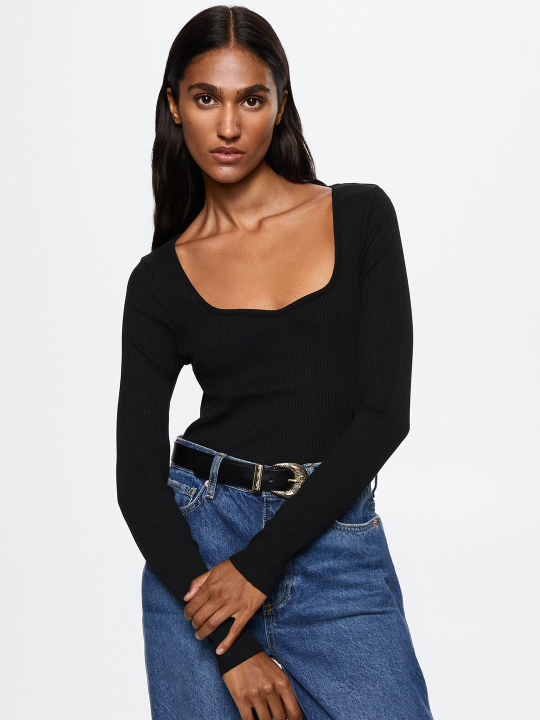 

MANGO Ribbed Sweetheart Neck Top, Black