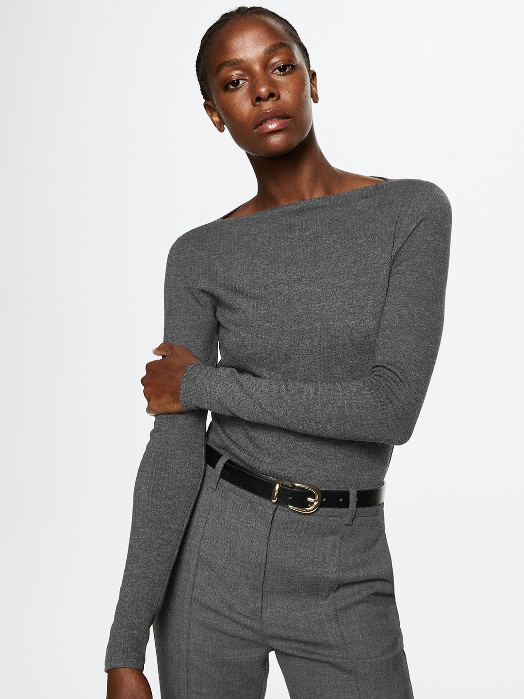 

MANGO Women Solid T-shirt, Charcoal