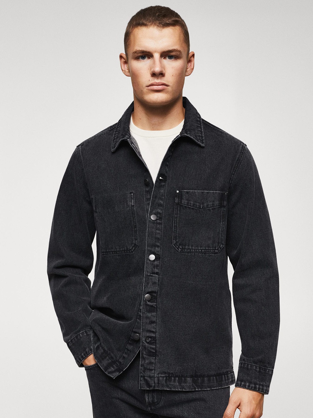 

MANGO MAN Pocket Detail Casual Denim Shacket, Black