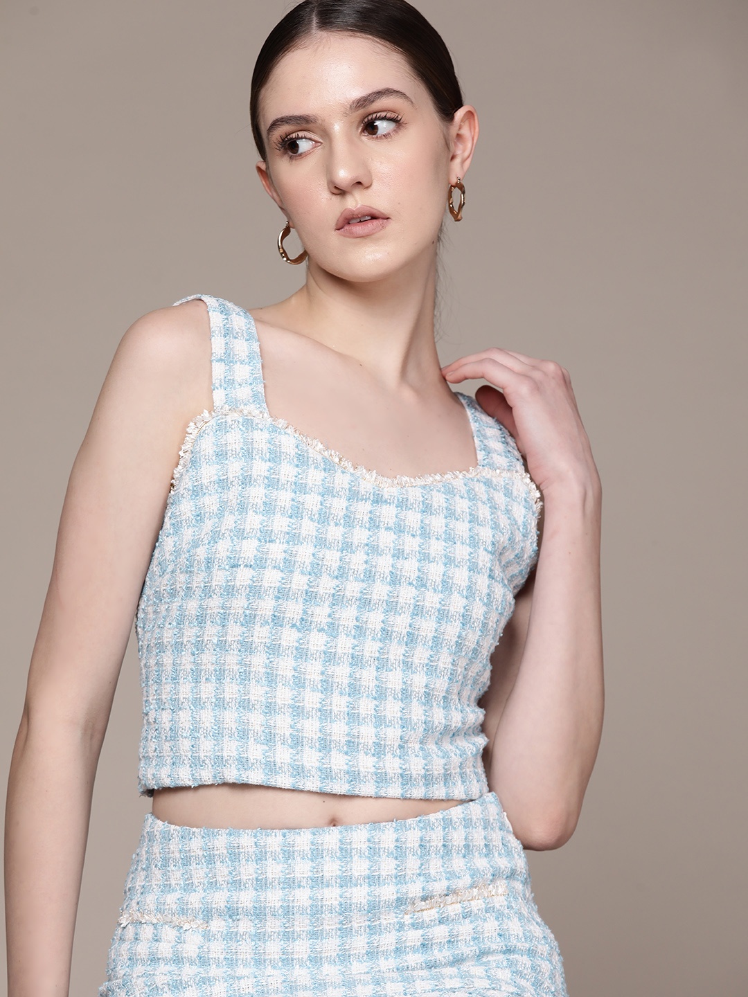 

MANGO Sweetheart Neck Sustainable Tweed Crop Top, Blue