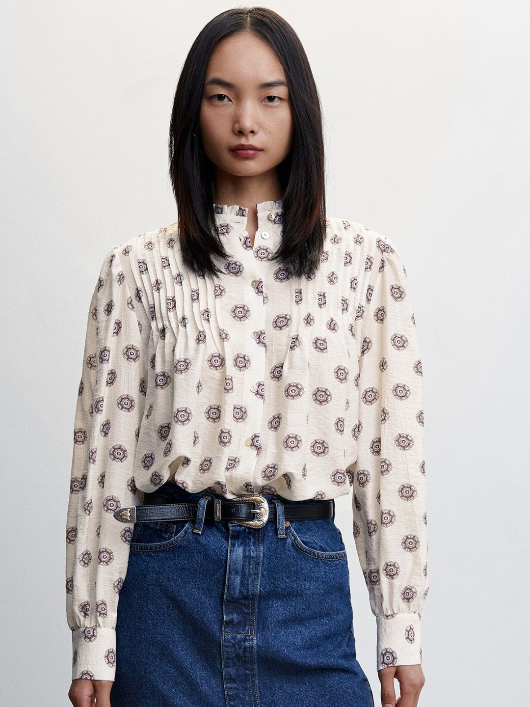 

MANGO Printed Pintucks Casual Shirt, Off white