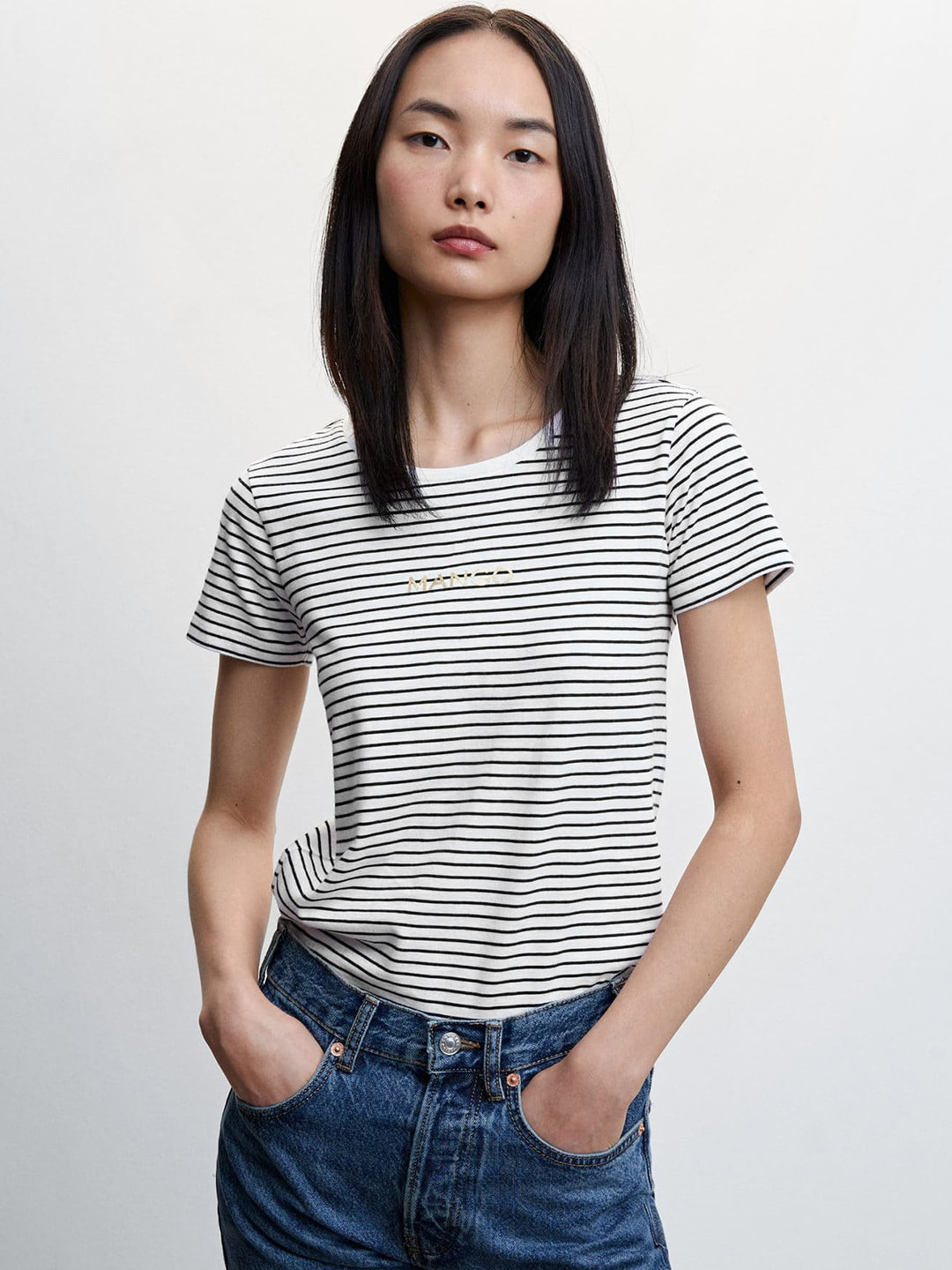 

MANGO Women Striped Pure Cotton T-shirt, White