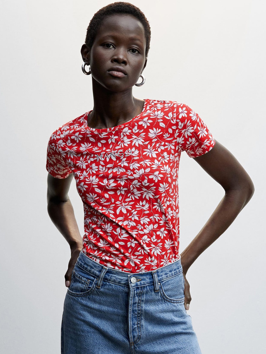 MANGO Floral Printed Pure Cotton T-shirt, Red