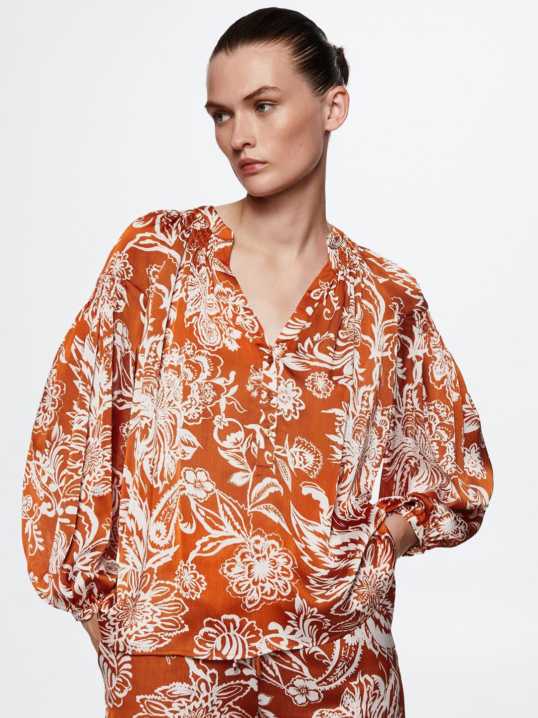 

MANGO Women Floral Printed Casual Shirt, Rust